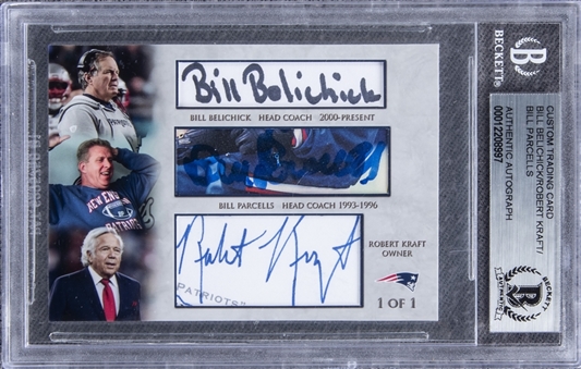 Bill Belichick, Bill Parcells and Robert Kraft Multi Signed Custom Trading Card (#1/1) – (Beckett)